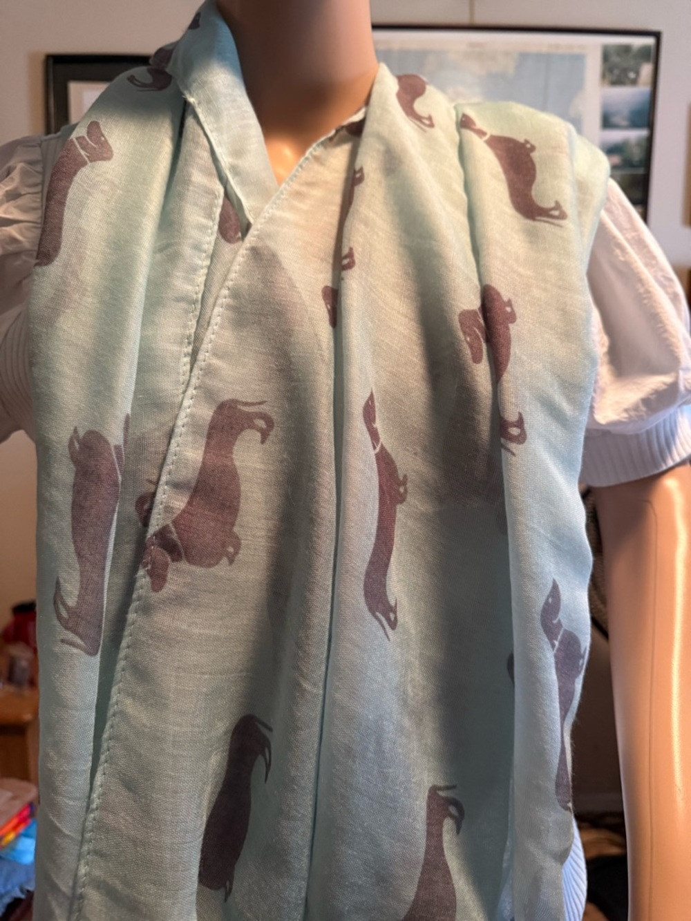 Light Aqua Scarf with Brown Dachshund Print
